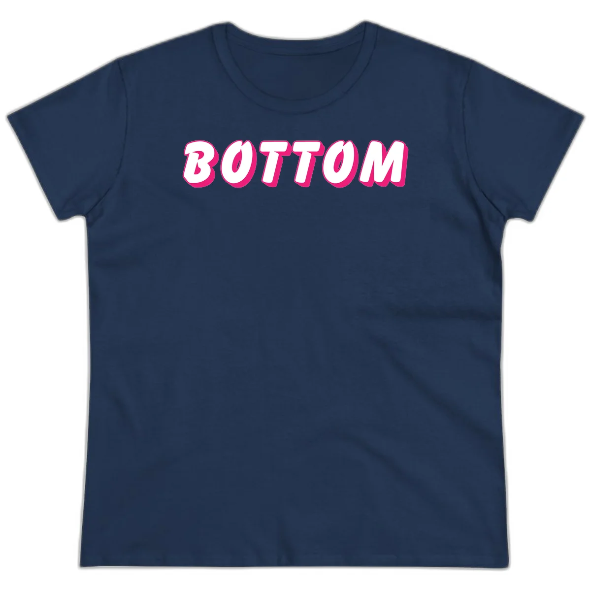 Bold magenta and white 'BOTTOM' text with 3D shadow effect on gray background in Navy