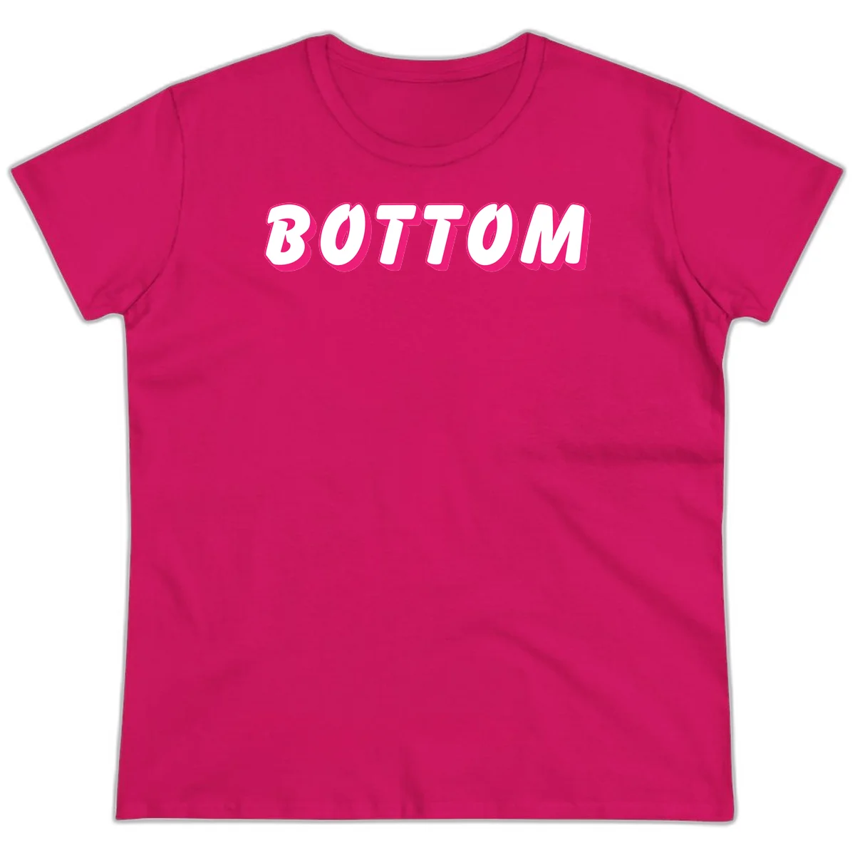 Bold magenta and white 'BOTTOM' text with 3D shadow effect on gray background in Heliconia