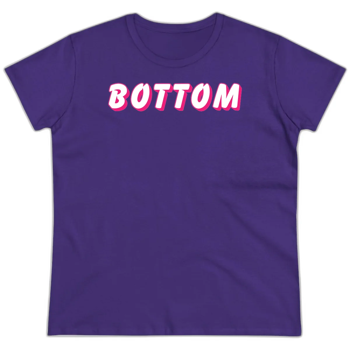 Bold magenta and white 'BOTTOM' text with 3D shadow effect on gray background in Purple