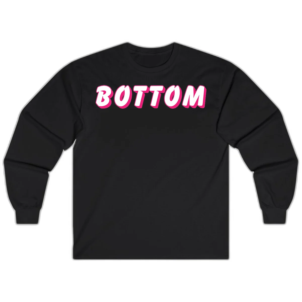 Bold magenta and white 'BOTTOM' text with 3D shadow effect on gray background in Black