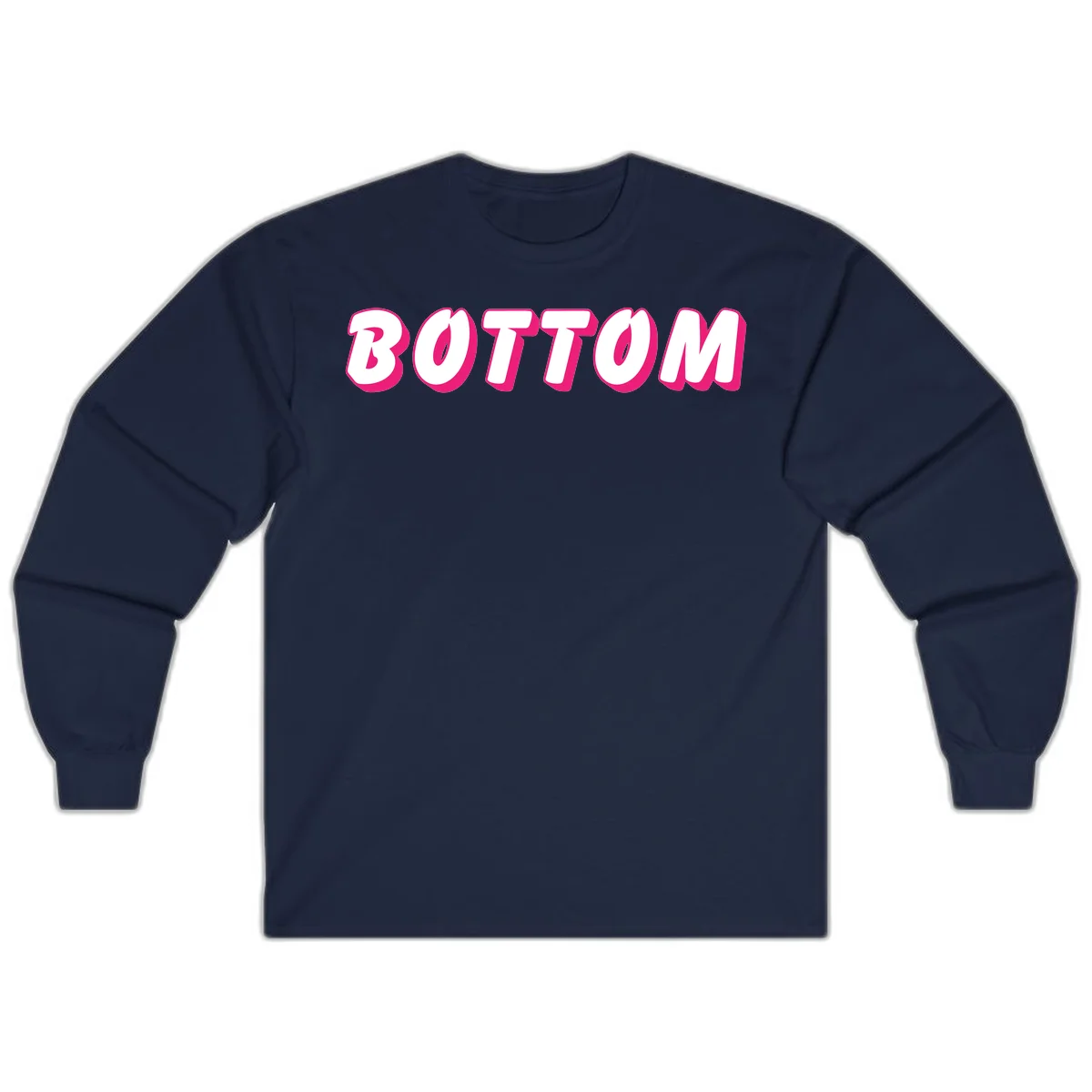 Bold magenta and white 'BOTTOM' text with 3D shadow effect on gray background in Navy