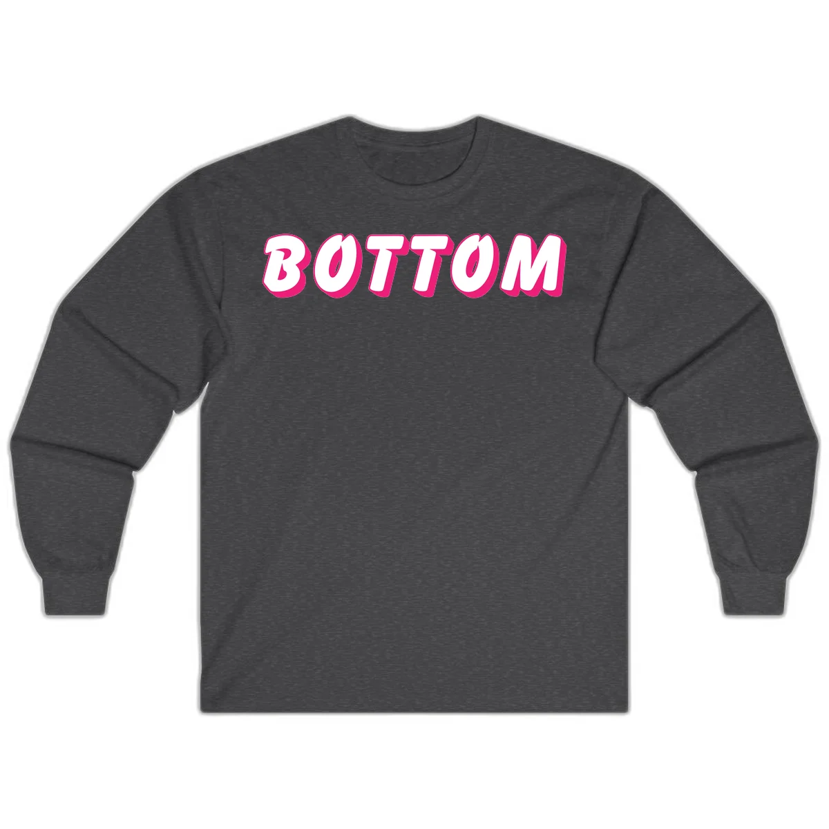 Bold magenta and white 'BOTTOM' text with 3D shadow effect on gray background in Dark Heather