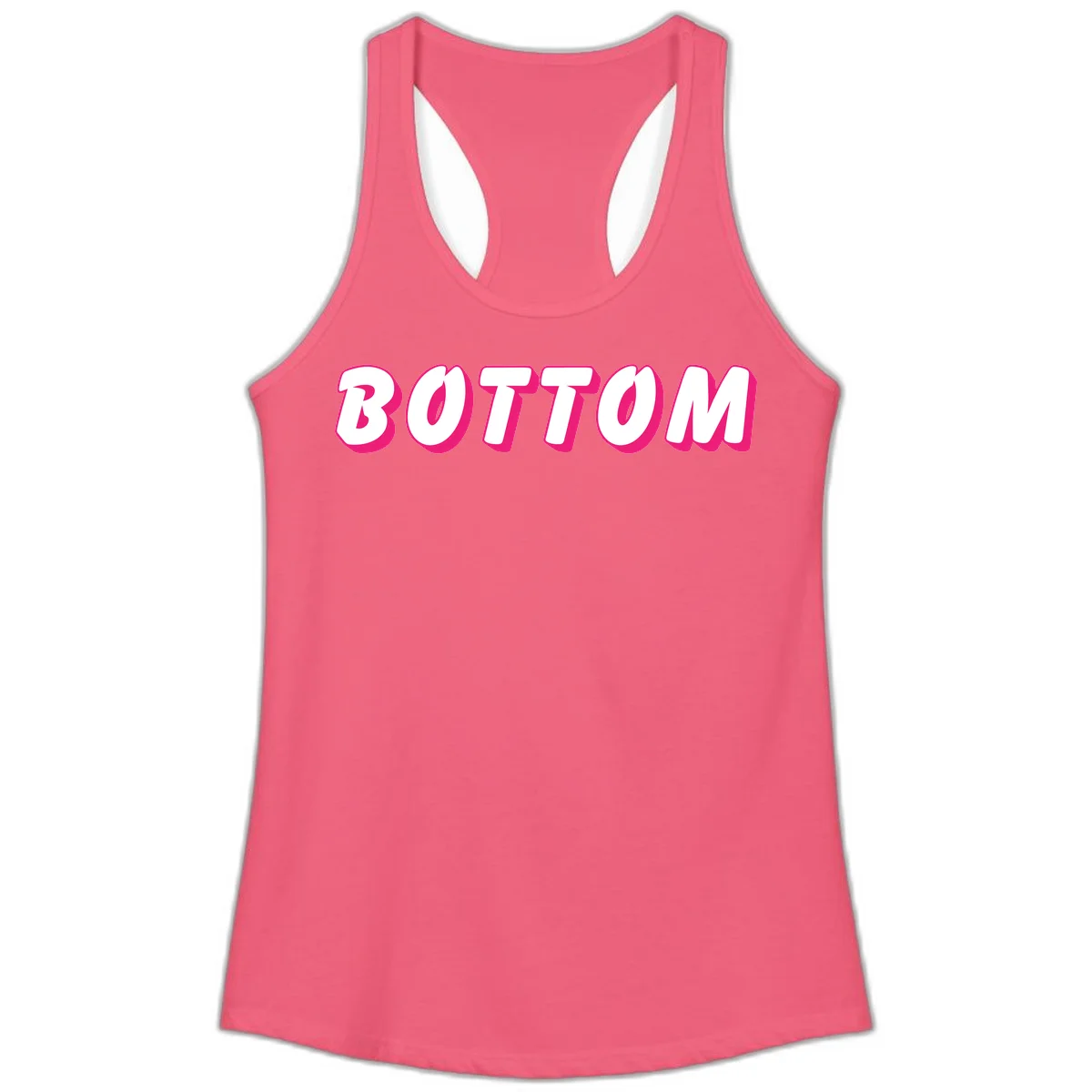 Bold magenta and white 'BOTTOM' text with 3D shadow effect on gray background in Hot Pink