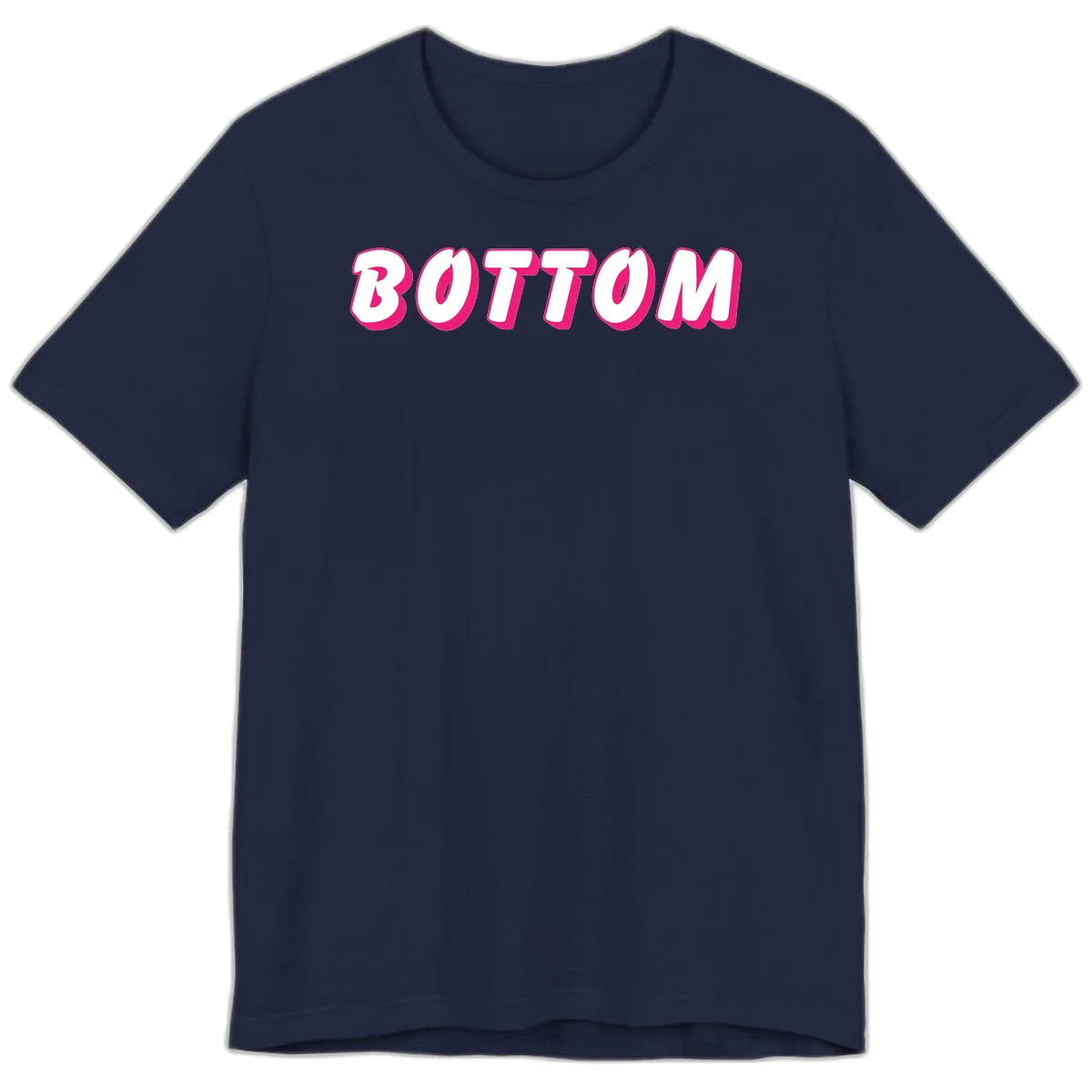 Bold magenta and white 'BOTTOM' text with 3D shadow effect on gray background in Navy