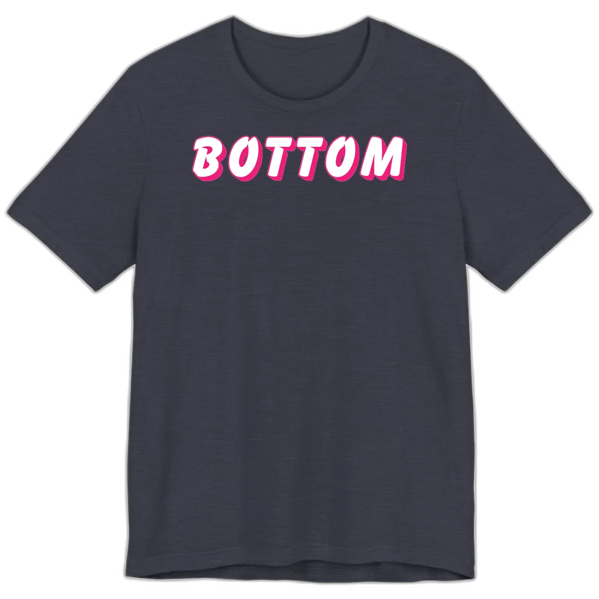 Bold magenta and white 'BOTTOM' text with 3D shadow effect on gray background in Heather Midnight Navy