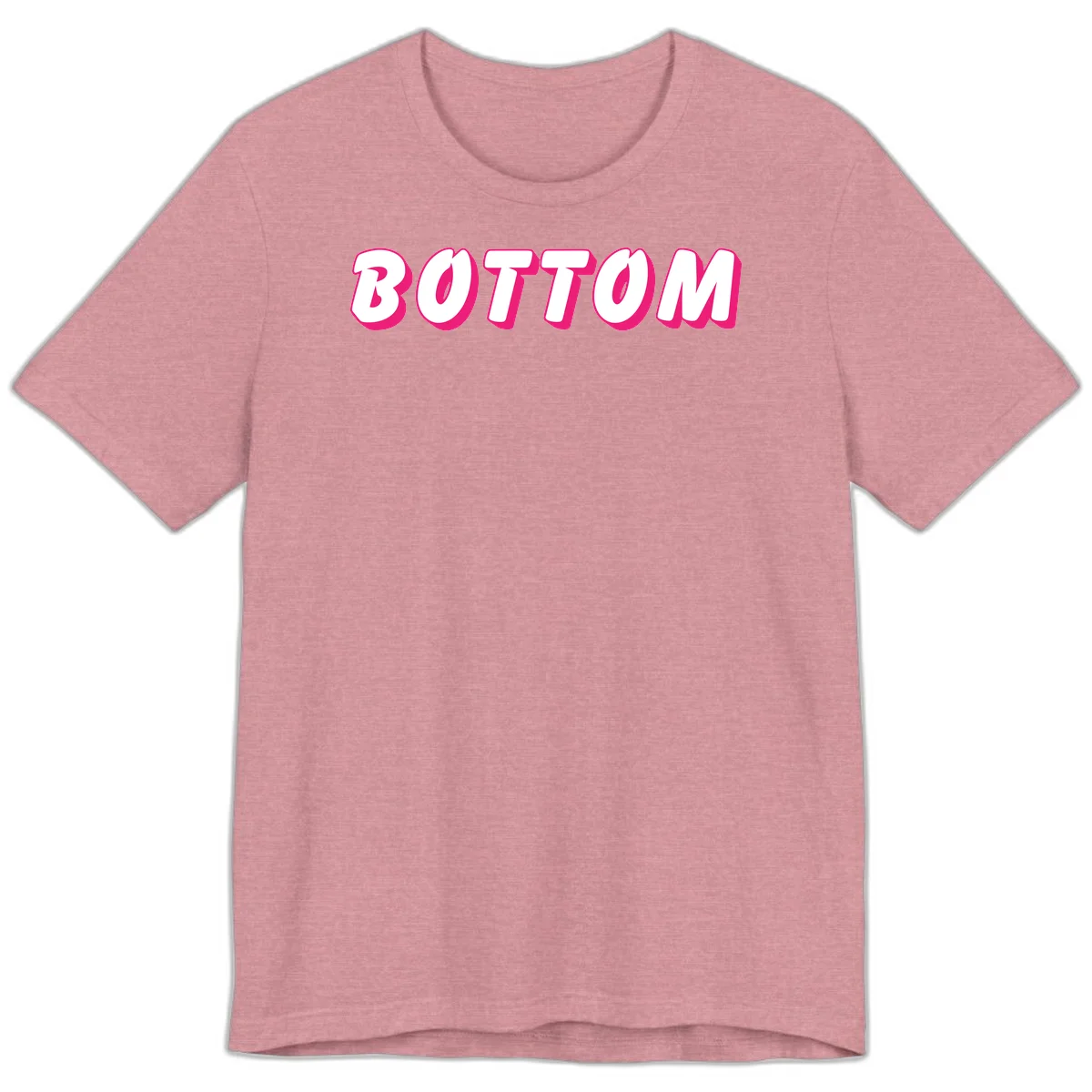 Bold magenta and white 'BOTTOM' text with 3D shadow effect on gray background in Heather Orchid