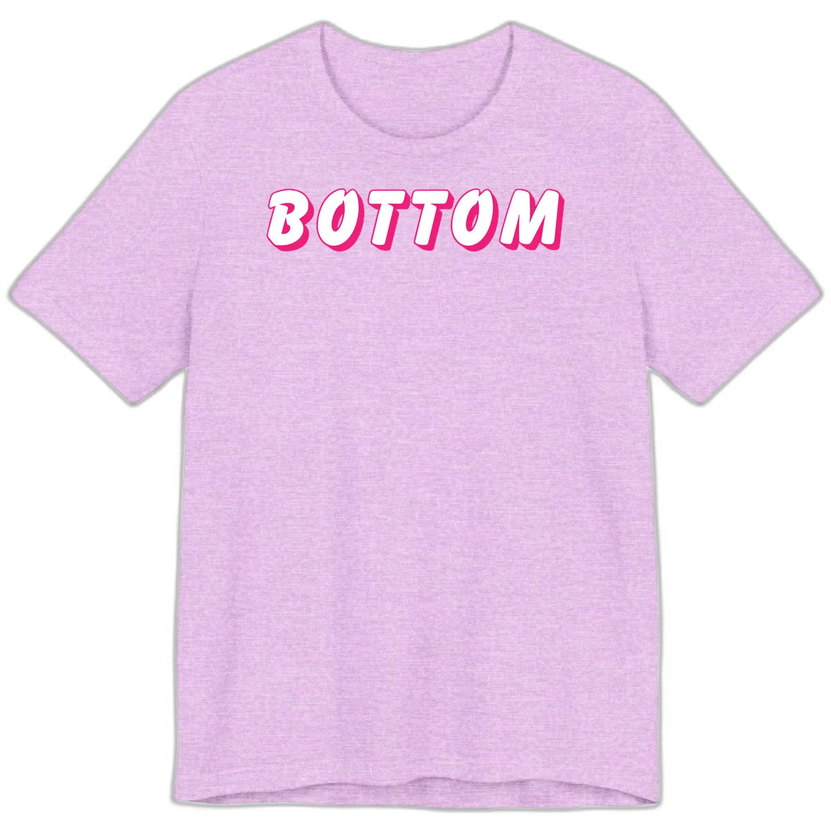 Bold magenta and white 'BOTTOM' text with 3D shadow effect on gray background in Heather Prism Lilac