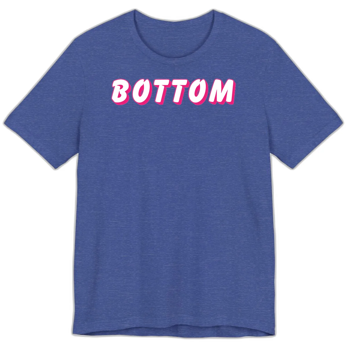 Bold magenta and white 'BOTTOM' text with 3D shadow effect on gray background in Heather True Royal
