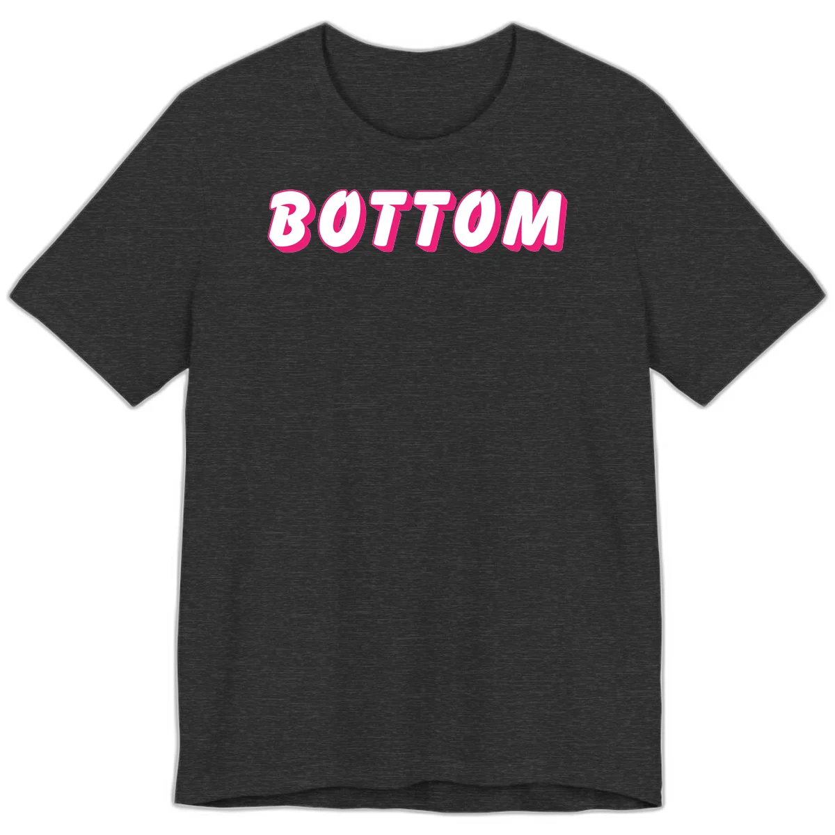 Bold magenta and white 'BOTTOM' text with 3D shadow effect on gray background in Dark Grey Heather
