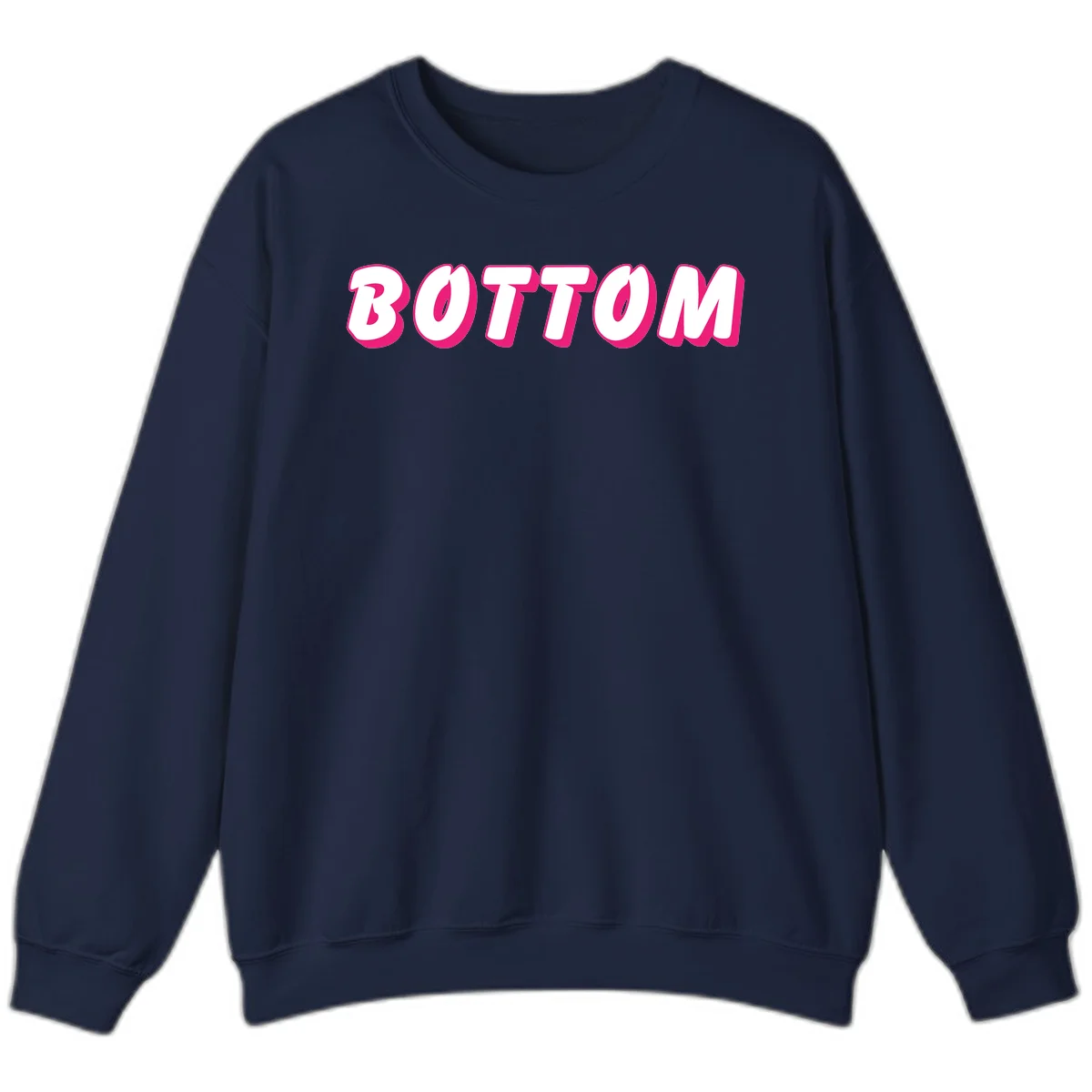 Bold magenta and white 'BOTTOM' text with 3D shadow effect on gray background in Navy