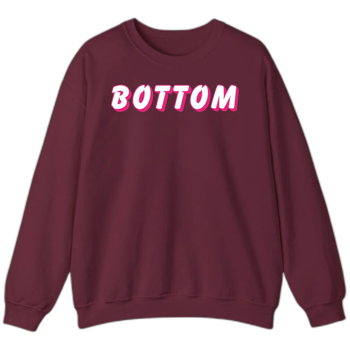 Bold magenta and white 'BOTTOM' text with 3D shadow effect on gray background in Maroon