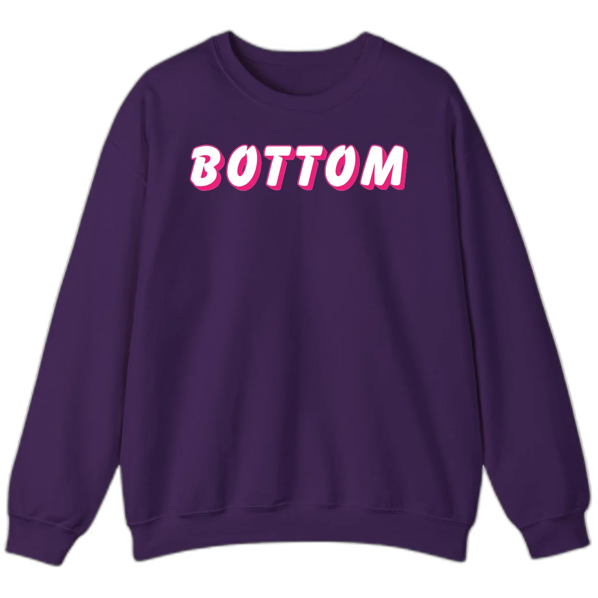 Bold magenta and white 'BOTTOM' text with 3D shadow effect on gray background in Purple