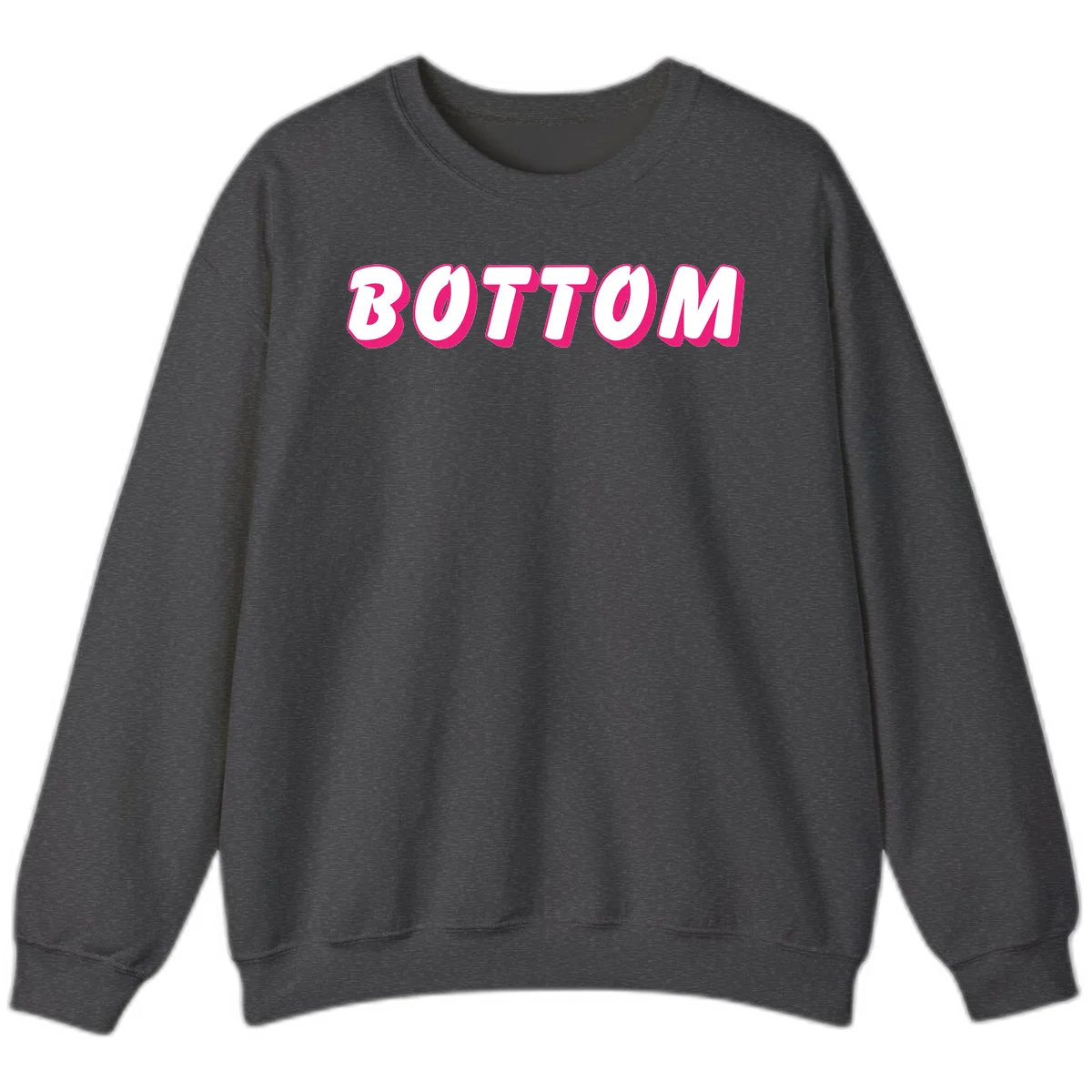 Bold magenta and white 'BOTTOM' text with 3D shadow effect on gray background in Dark Heather