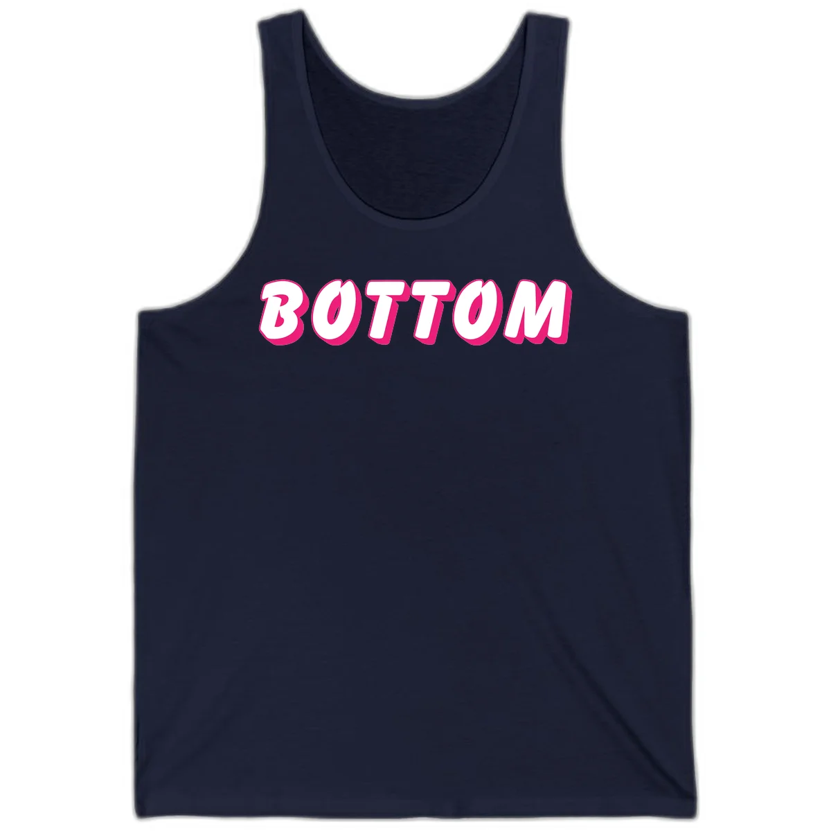 Bold magenta and white 'BOTTOM' text with 3D shadow effect on gray background in Navy
