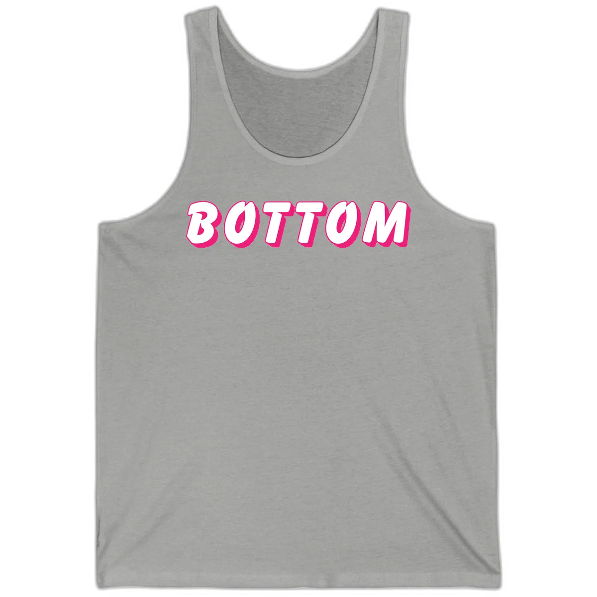 Bold magenta and white 'BOTTOM' text with 3D shadow effect on gray background in Athletic Heather