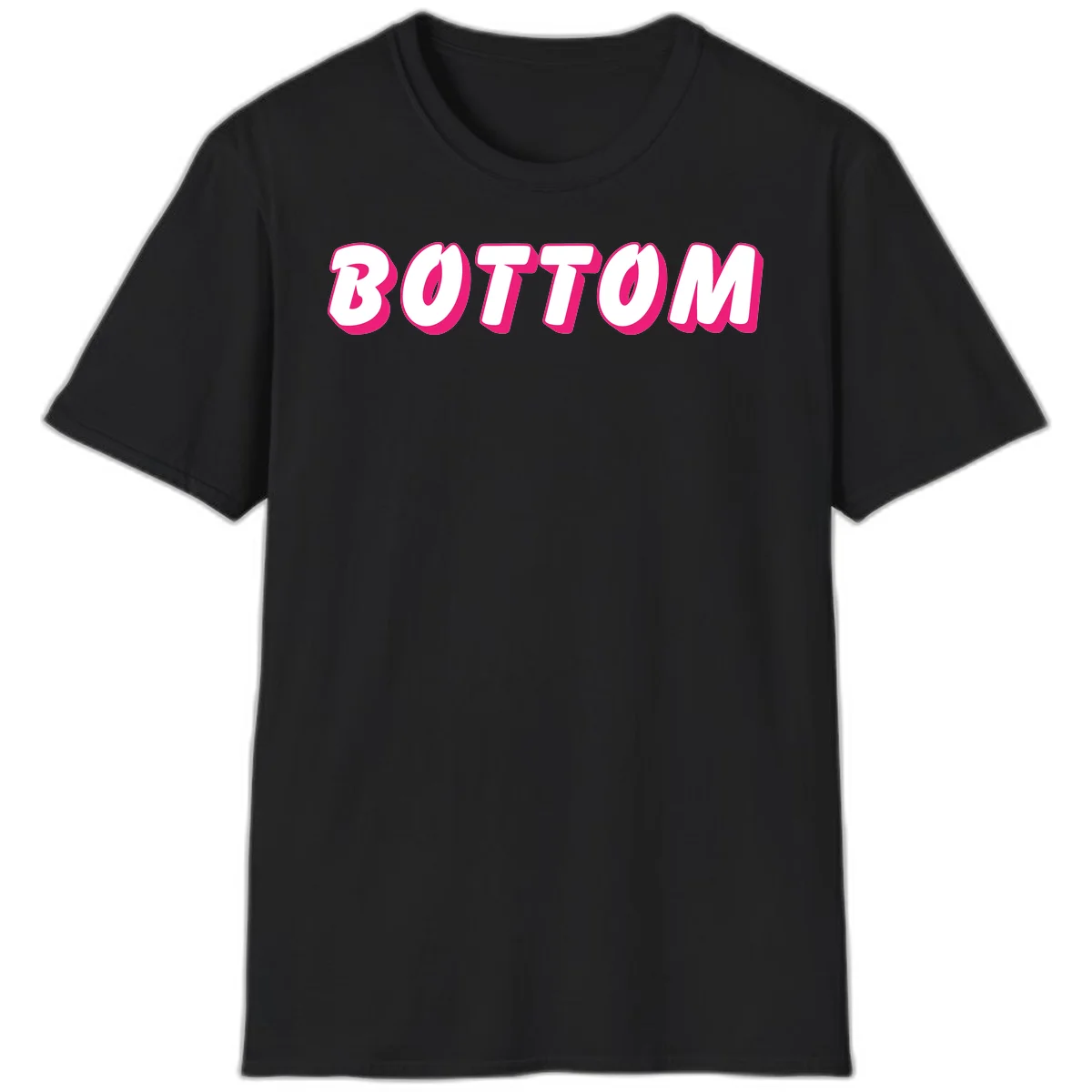 Bold magenta and white 'BOTTOM' text with 3D shadow effect on gray background in Black