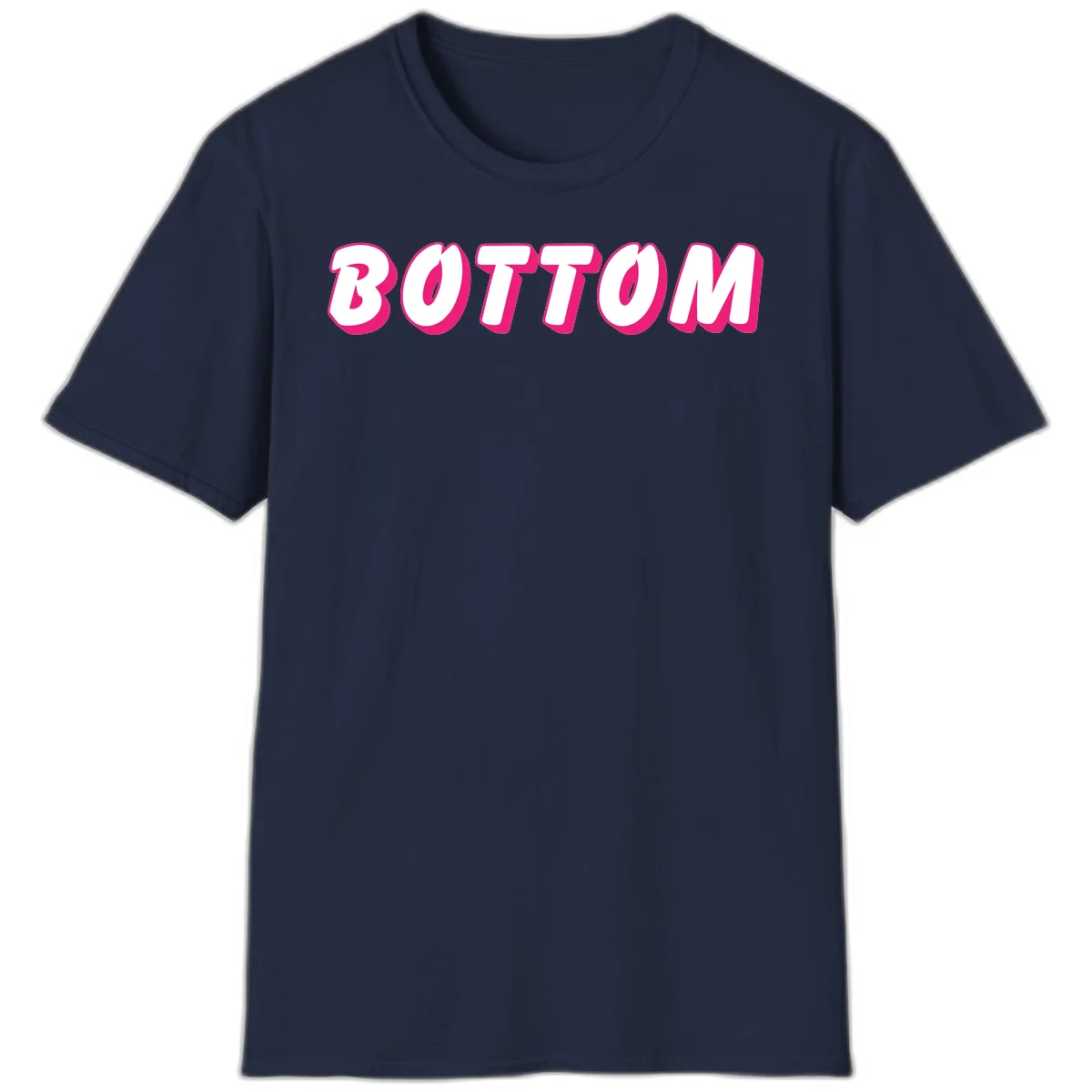 Bold magenta and white 'BOTTOM' text with 3D shadow effect on gray background in Navy