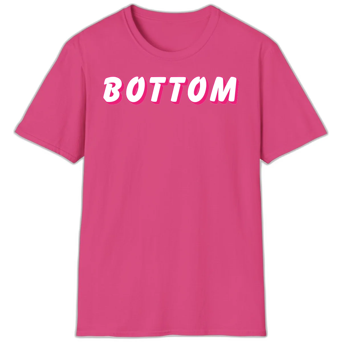Bold magenta and white 'BOTTOM' text with 3D shadow effect on gray background in Heliconia