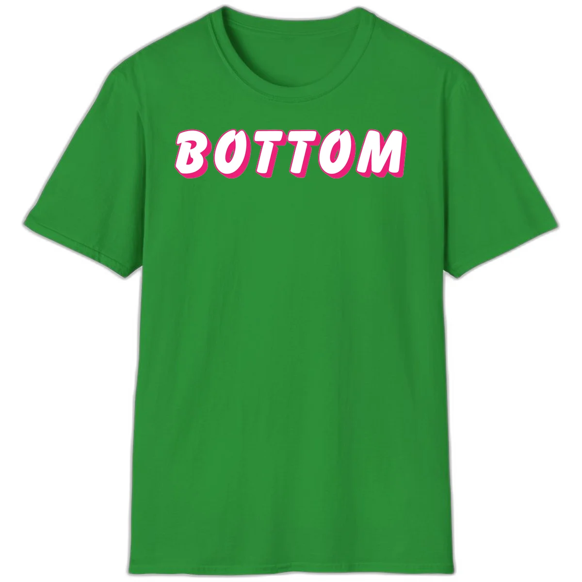 Bold magenta and white 'BOTTOM' text with 3D shadow effect on gray background in Irish Green
