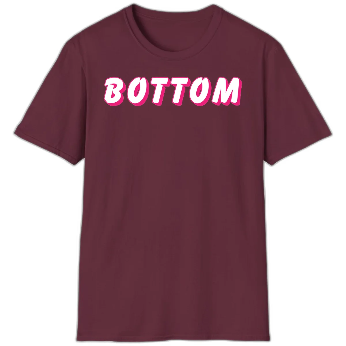 Bold magenta and white 'BOTTOM' text with 3D shadow effect on gray background in Maroon