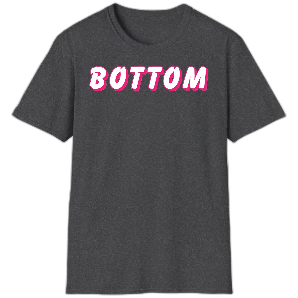 Bold magenta and white 'BOTTOM' text with 3D shadow effect on gray background in Dark Heather