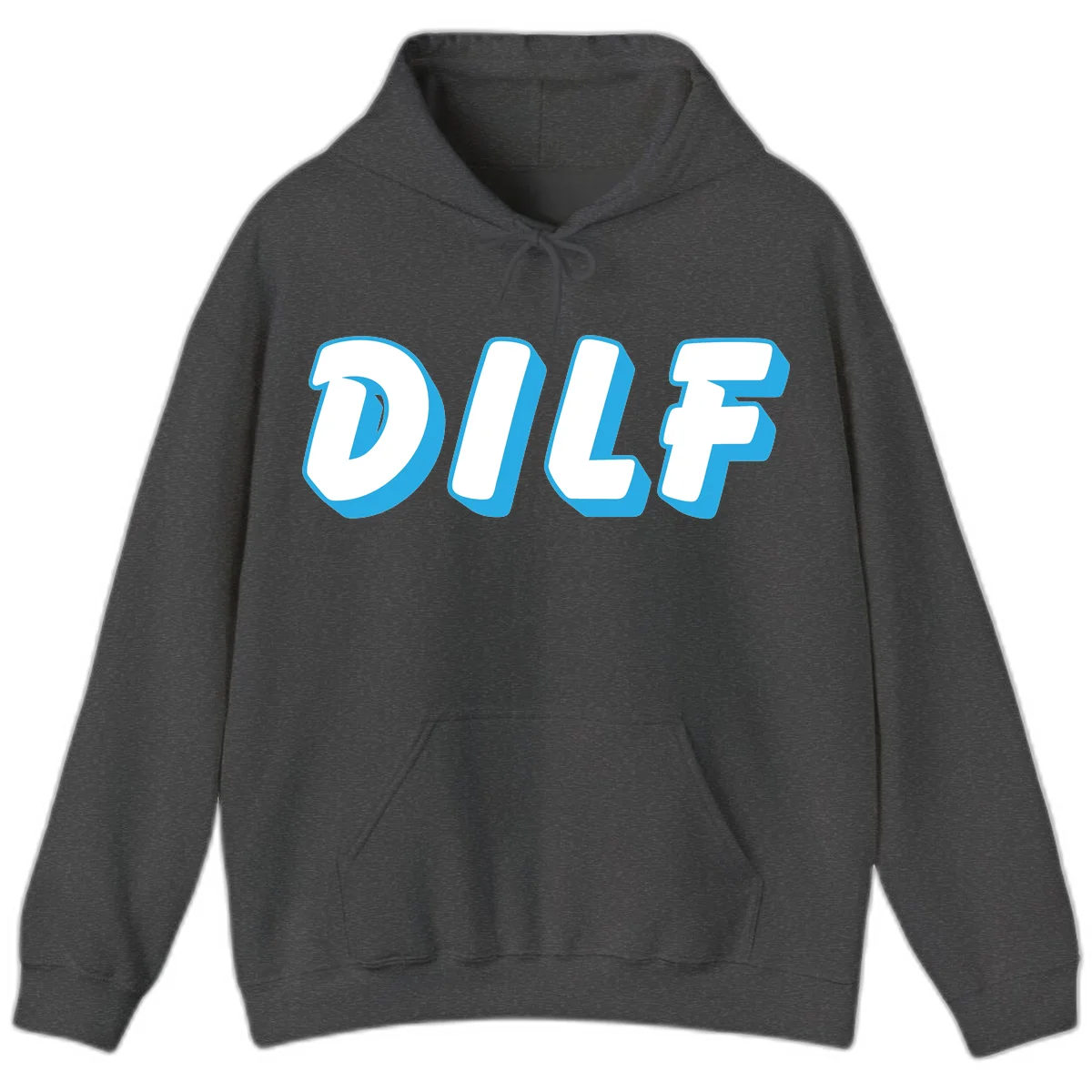 DLSF bold typography design with white letters and blue 3D shadow effect on gray background in Dark Heather