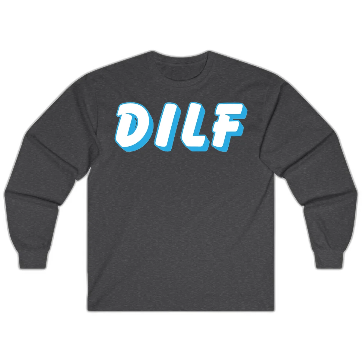 DLSF bold typography design with white letters and blue 3D shadow effect on gray background in Dark Heather