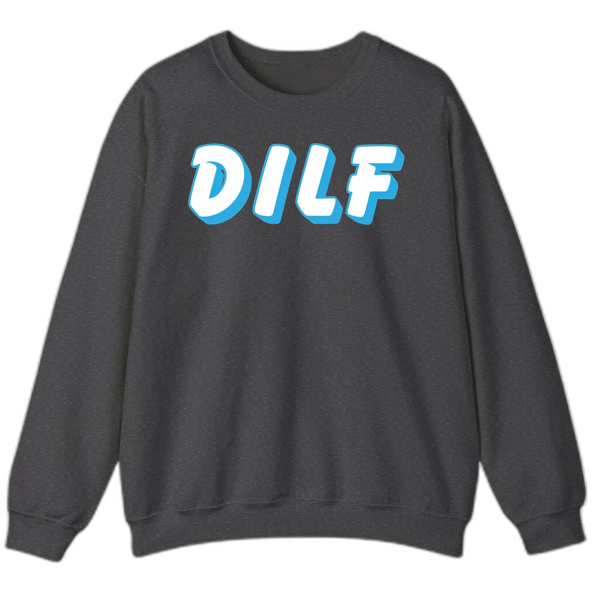 DLSF bold typography design with white letters and blue 3D shadow effect on gray background in Dark Heather