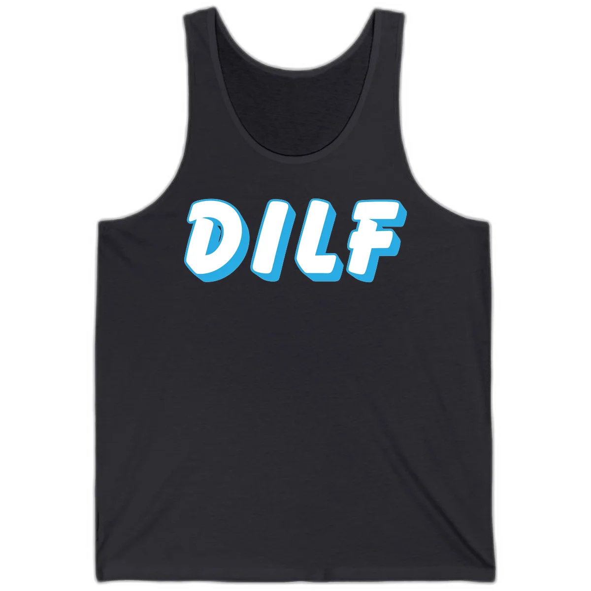 DLSF bold typography design with white letters and blue 3D shadow effect on gray background in Dark Grey