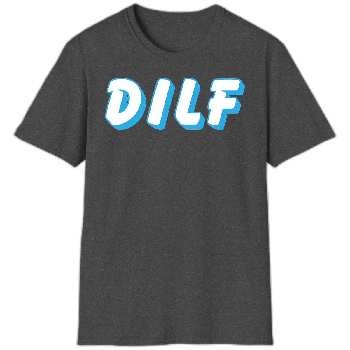 DLSF bold typography design with white letters and blue 3D shadow effect on gray background in Dark Heather