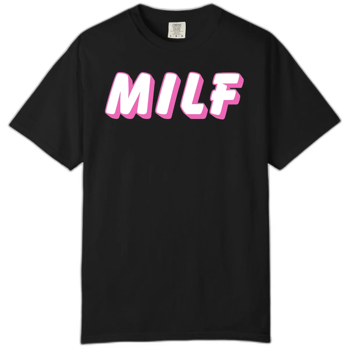Bold white block letters spelling MILF with pink 3D shadow effect on gray background in Black