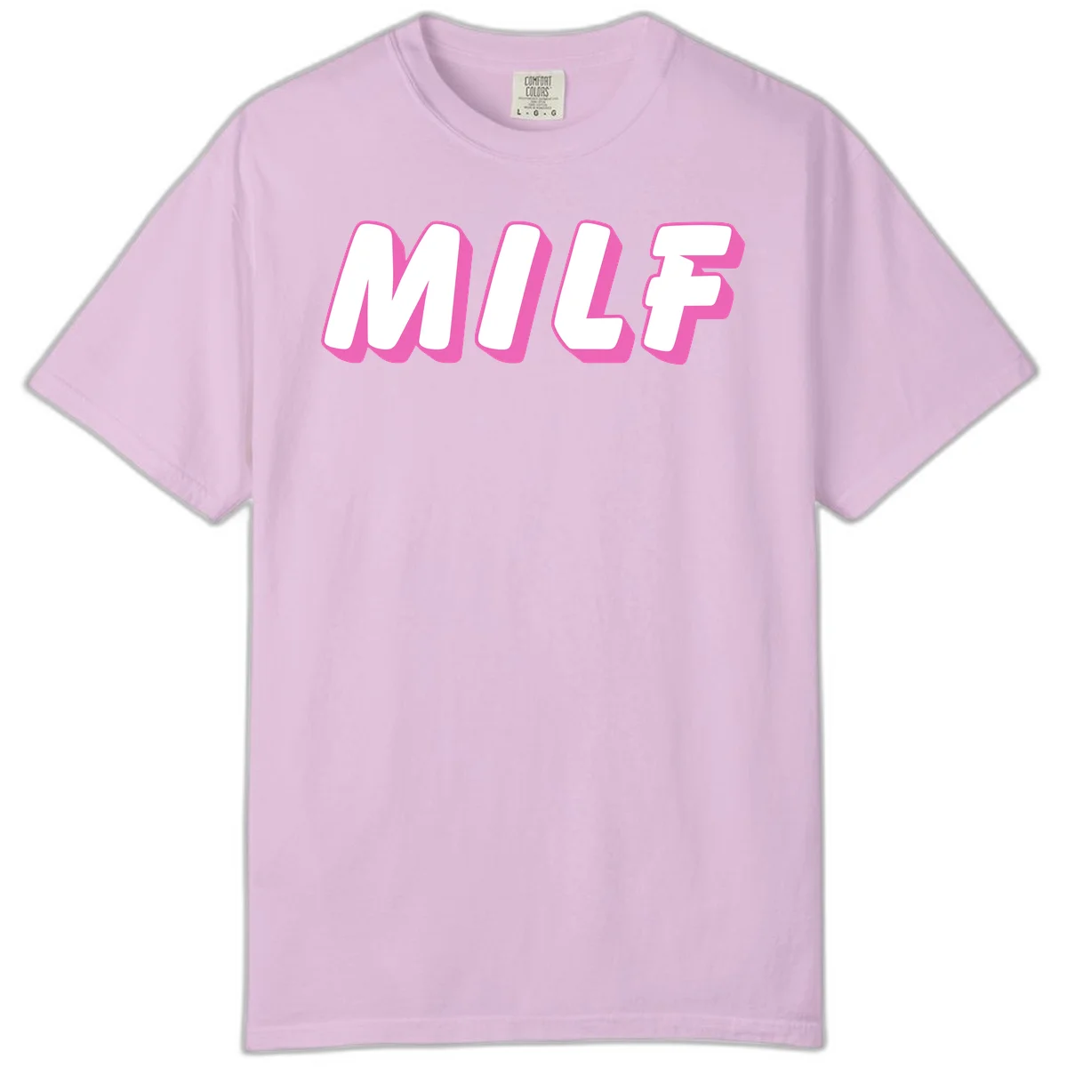 Bold white block letters spelling MILF with pink 3D shadow effect on gray background in Orchid