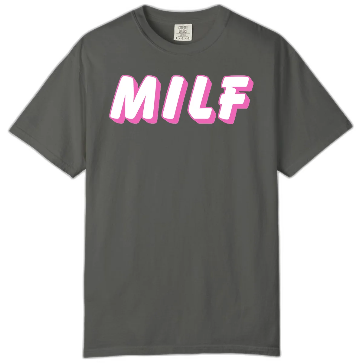 Bold white block letters spelling MILF with pink 3D shadow effect on gray background in Pepper