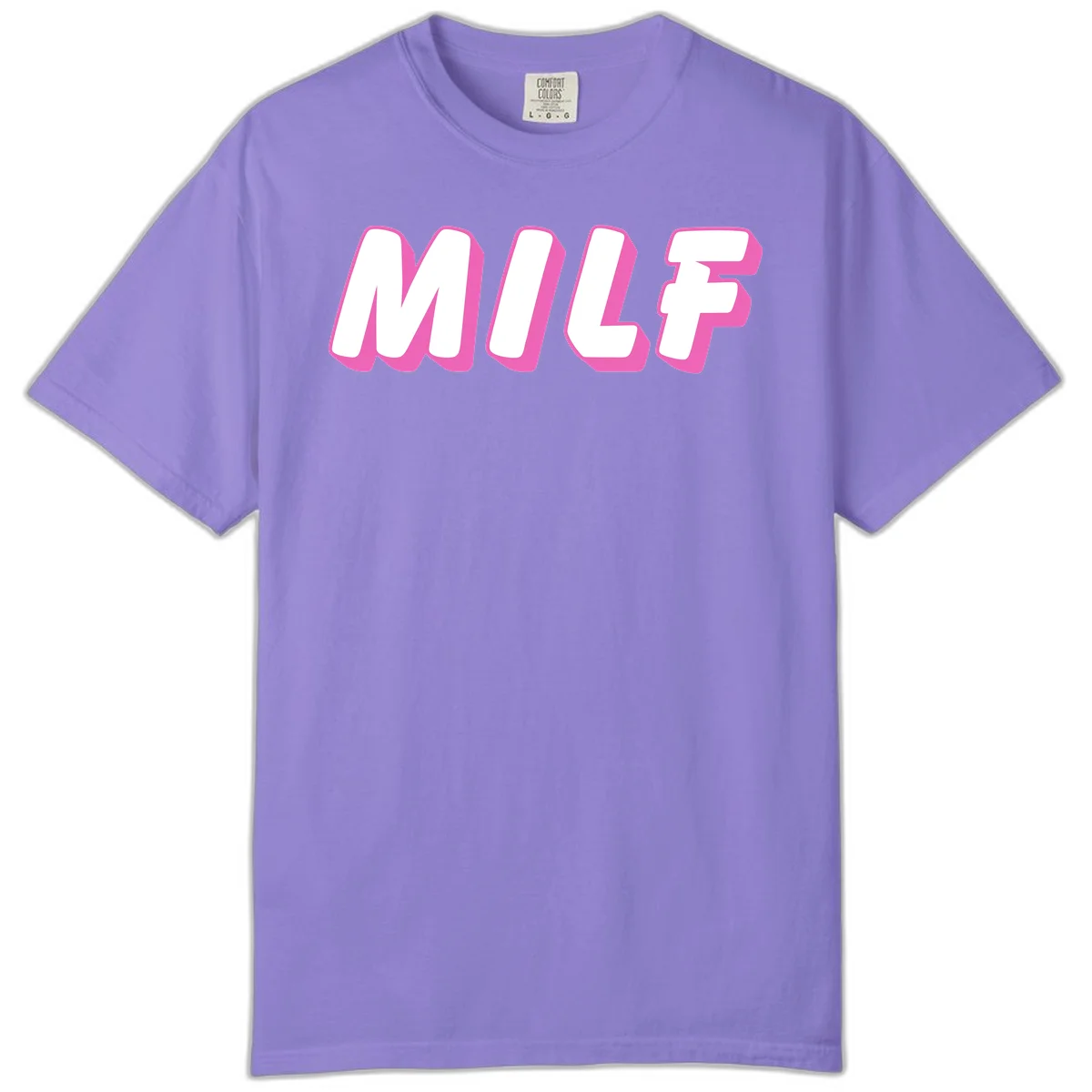 Bold white block letters spelling MILF with pink 3D shadow effect on gray background in Violet