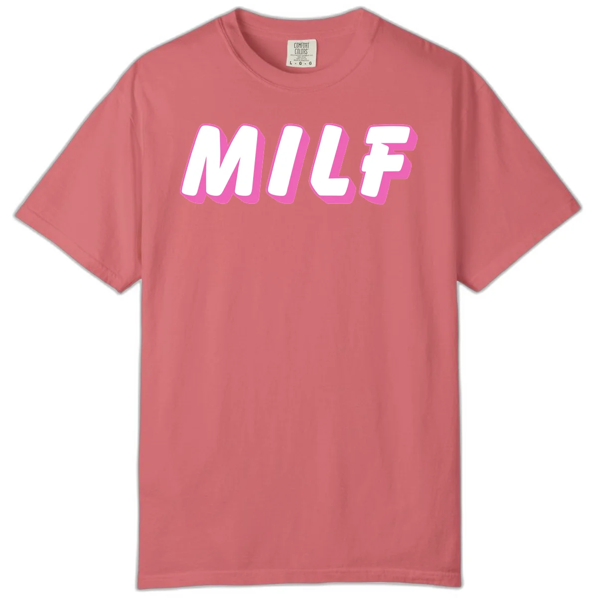 Bold white block letters spelling MILF with pink 3D shadow effect on gray background in Watermelon