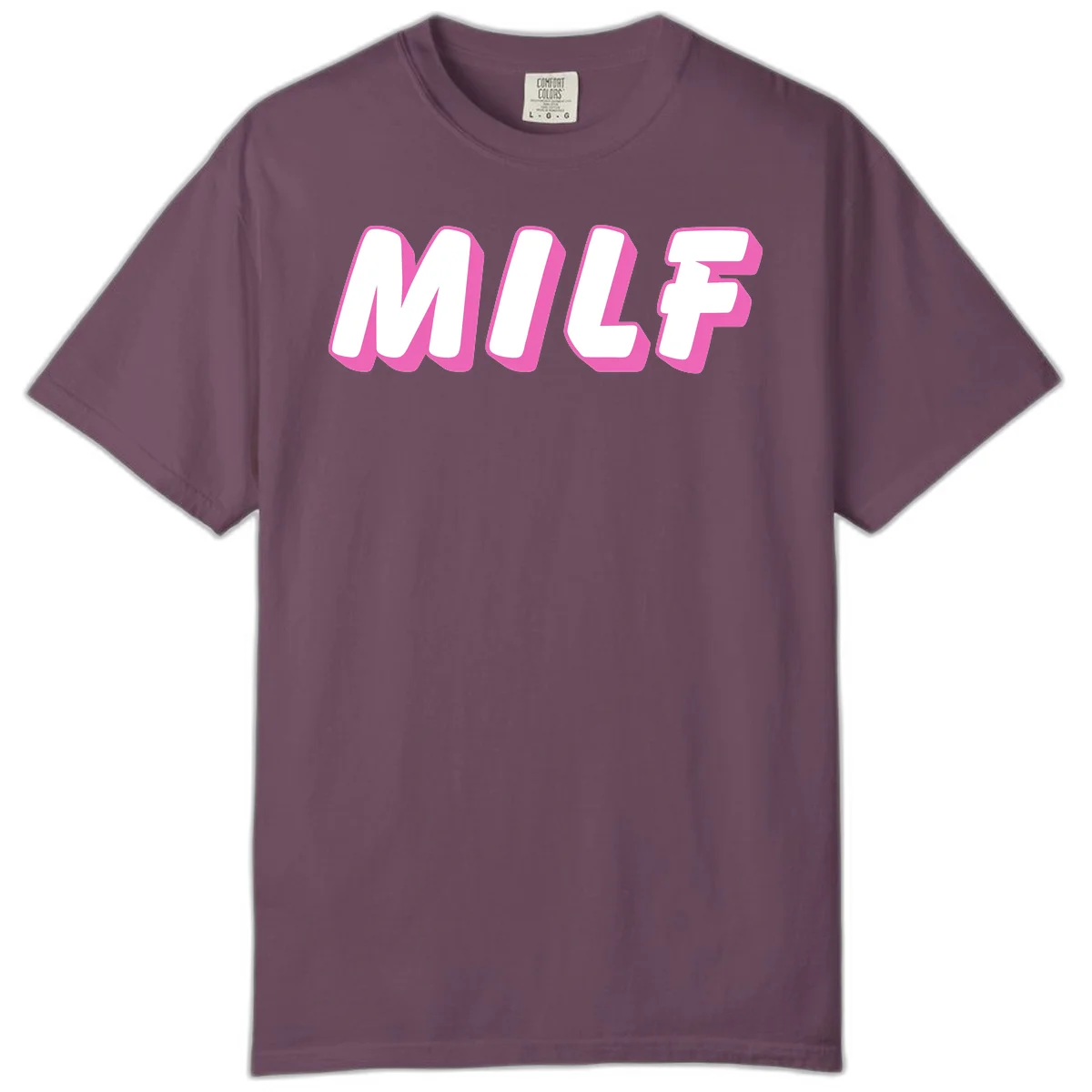 Bold white block letters spelling MILF with pink 3D shadow effect on gray background in Berry
