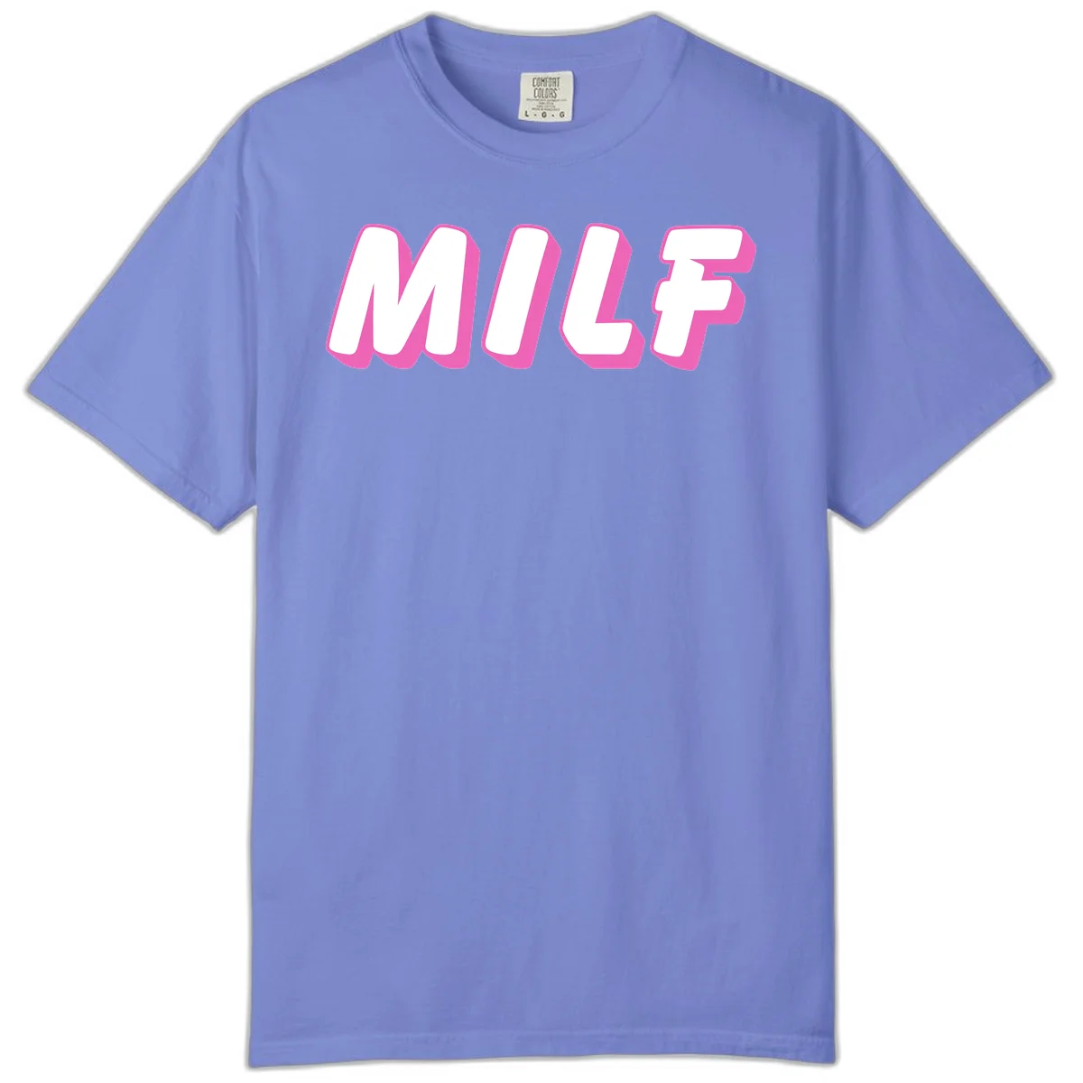 Bold white block letters spelling MILF with pink 3D shadow effect on gray background in Flo Blue
