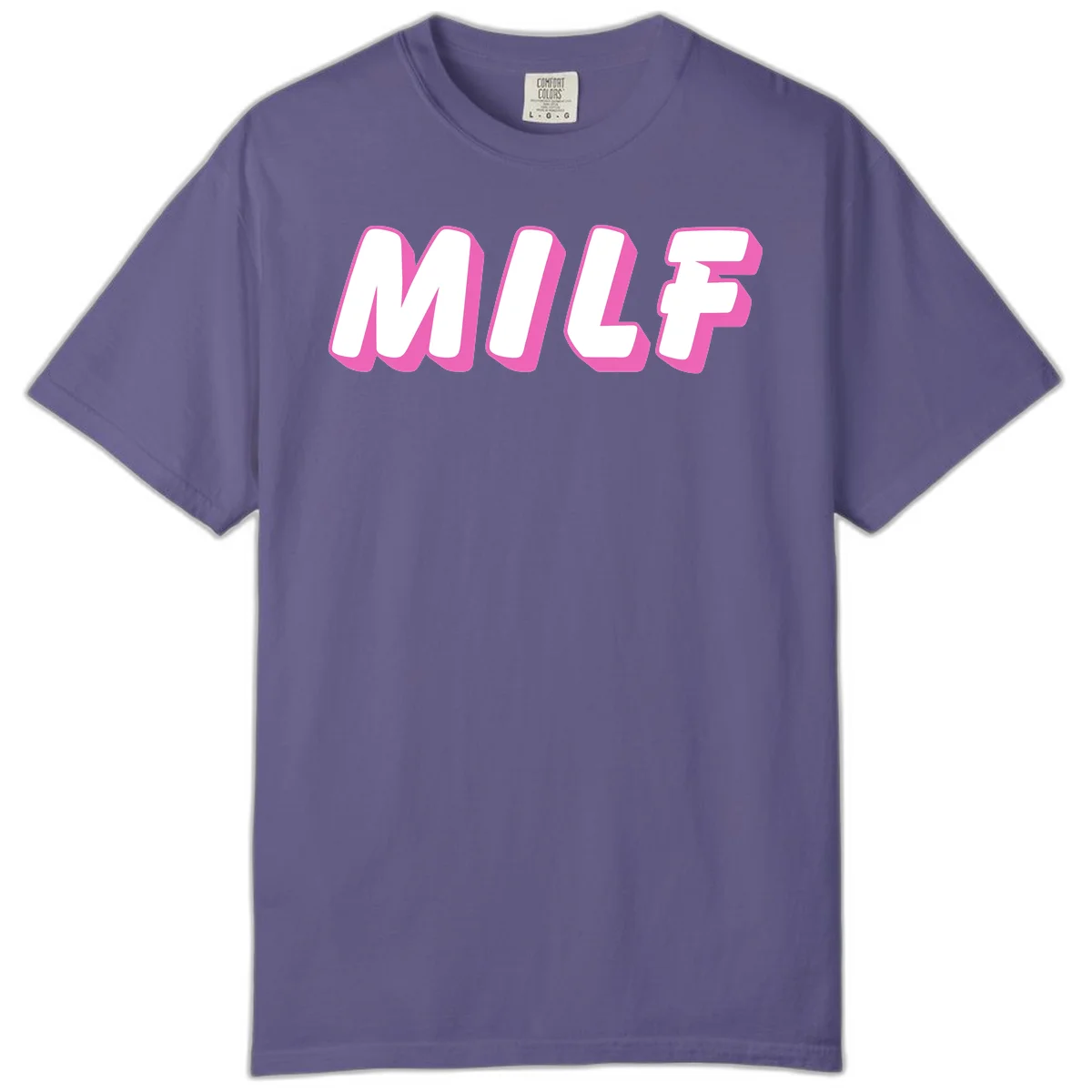 Bold white block letters spelling MILF with pink 3D shadow effect on gray background in Grape