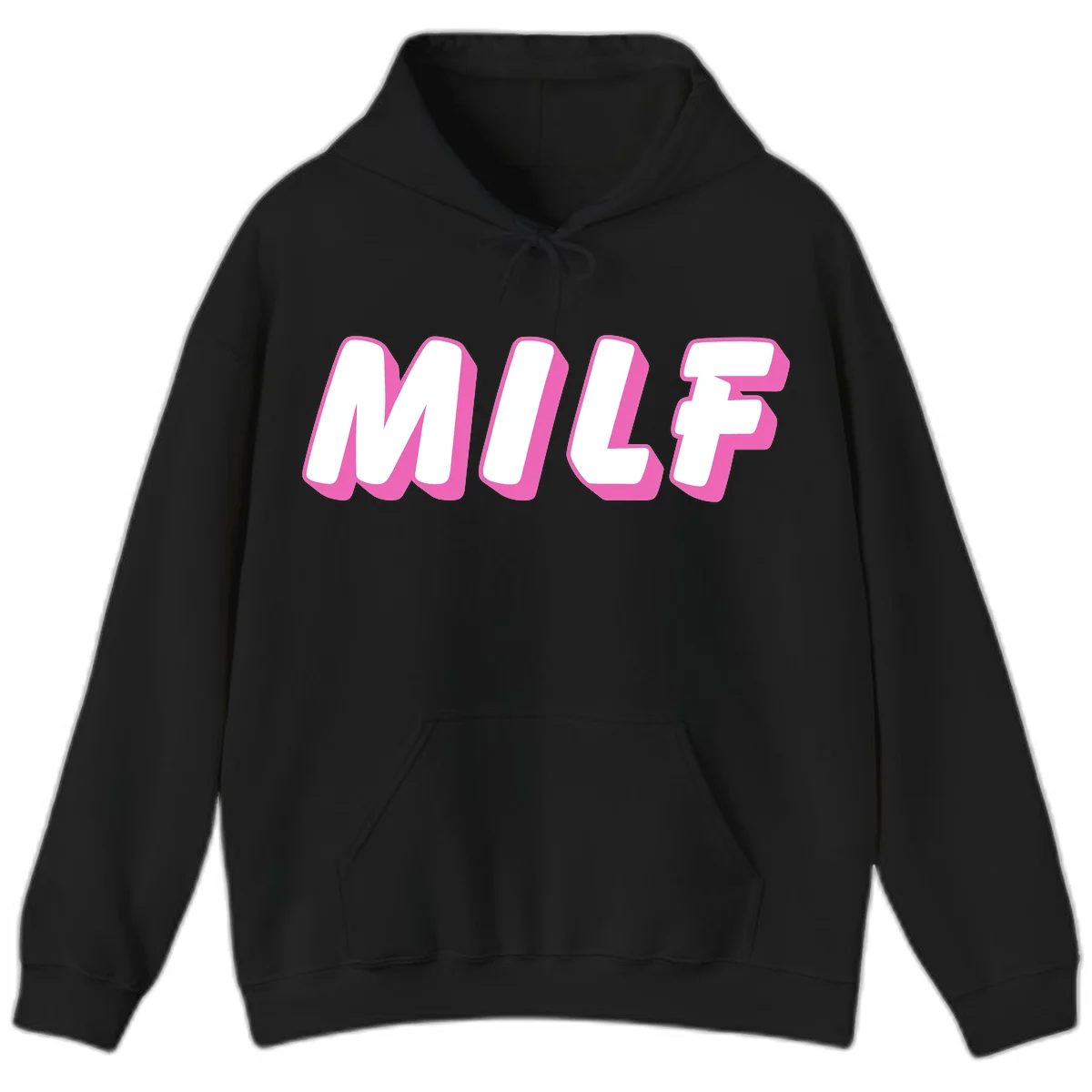 Bold white block letters spelling MILF with pink 3D shadow effect on gray background in Black