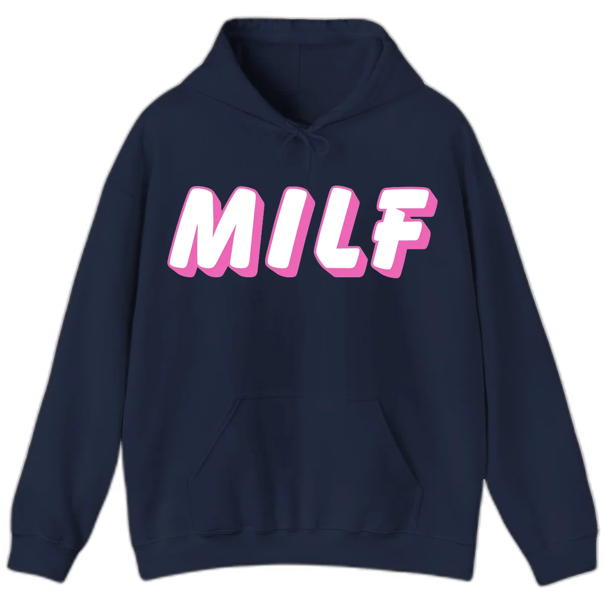 Bold white block letters spelling MILF with pink 3D shadow effect on gray background in Navy