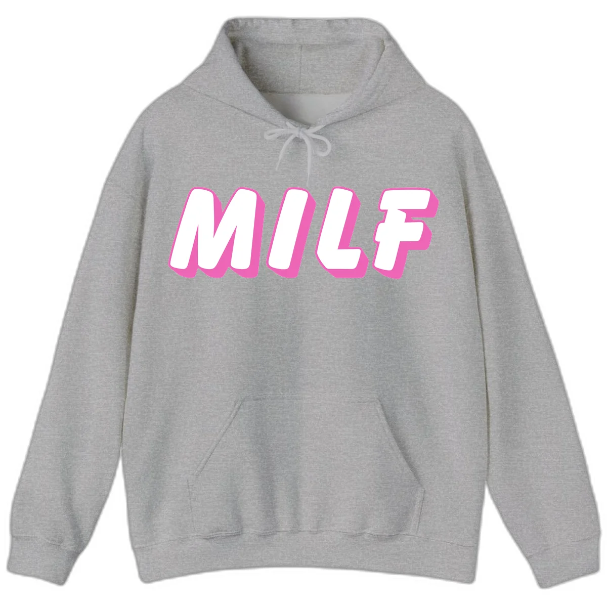 Bold white block letters spelling MILF with pink 3D shadow effect on gray background in Sport Grey
