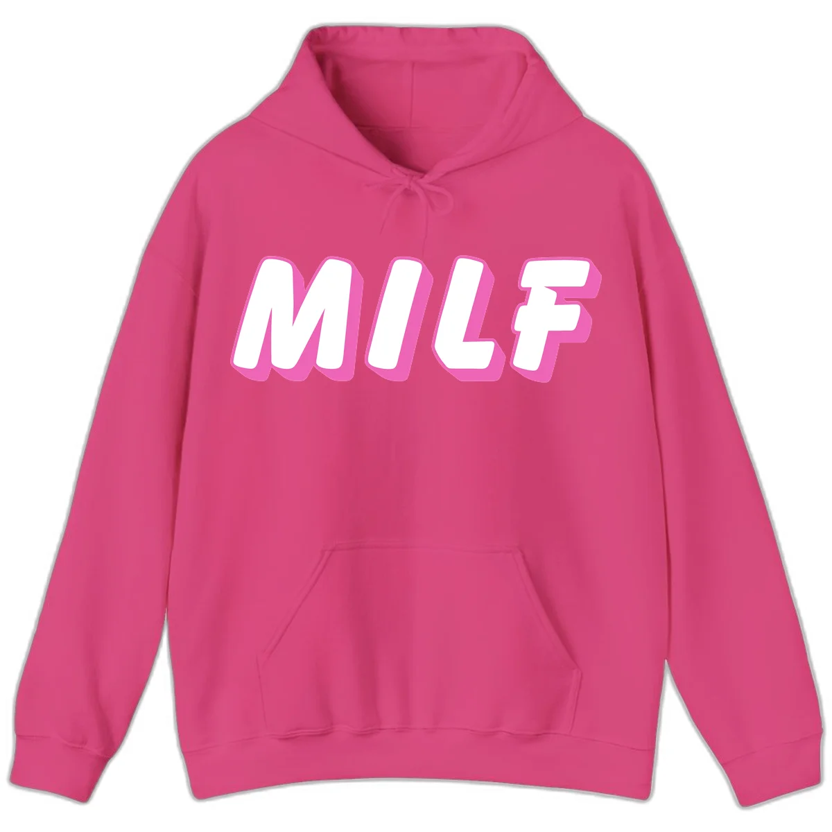 Bold white block letters spelling MILF with pink 3D shadow effect on gray background in Heliconia