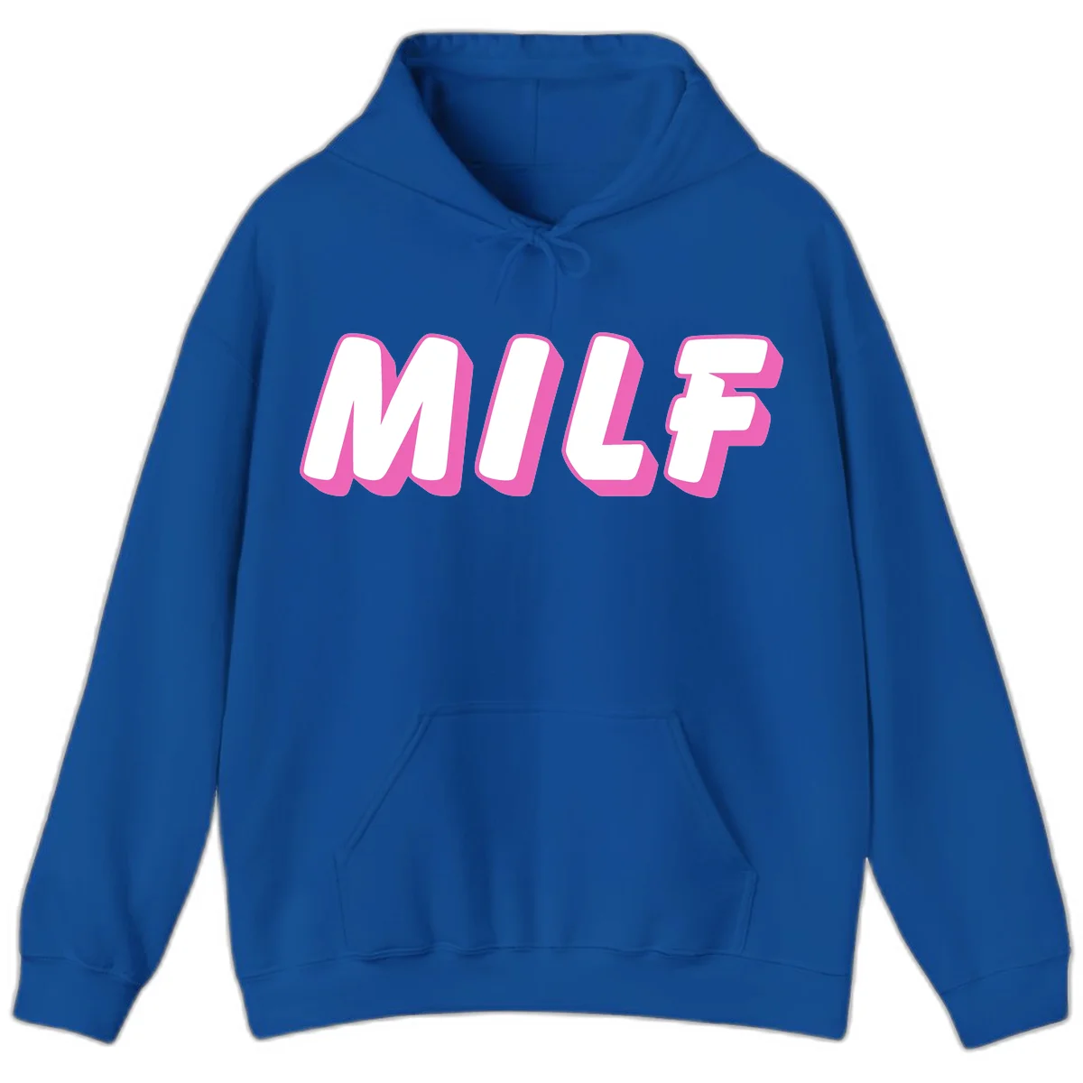 Bold white block letters spelling MILF with pink 3D shadow effect on gray background in Royal