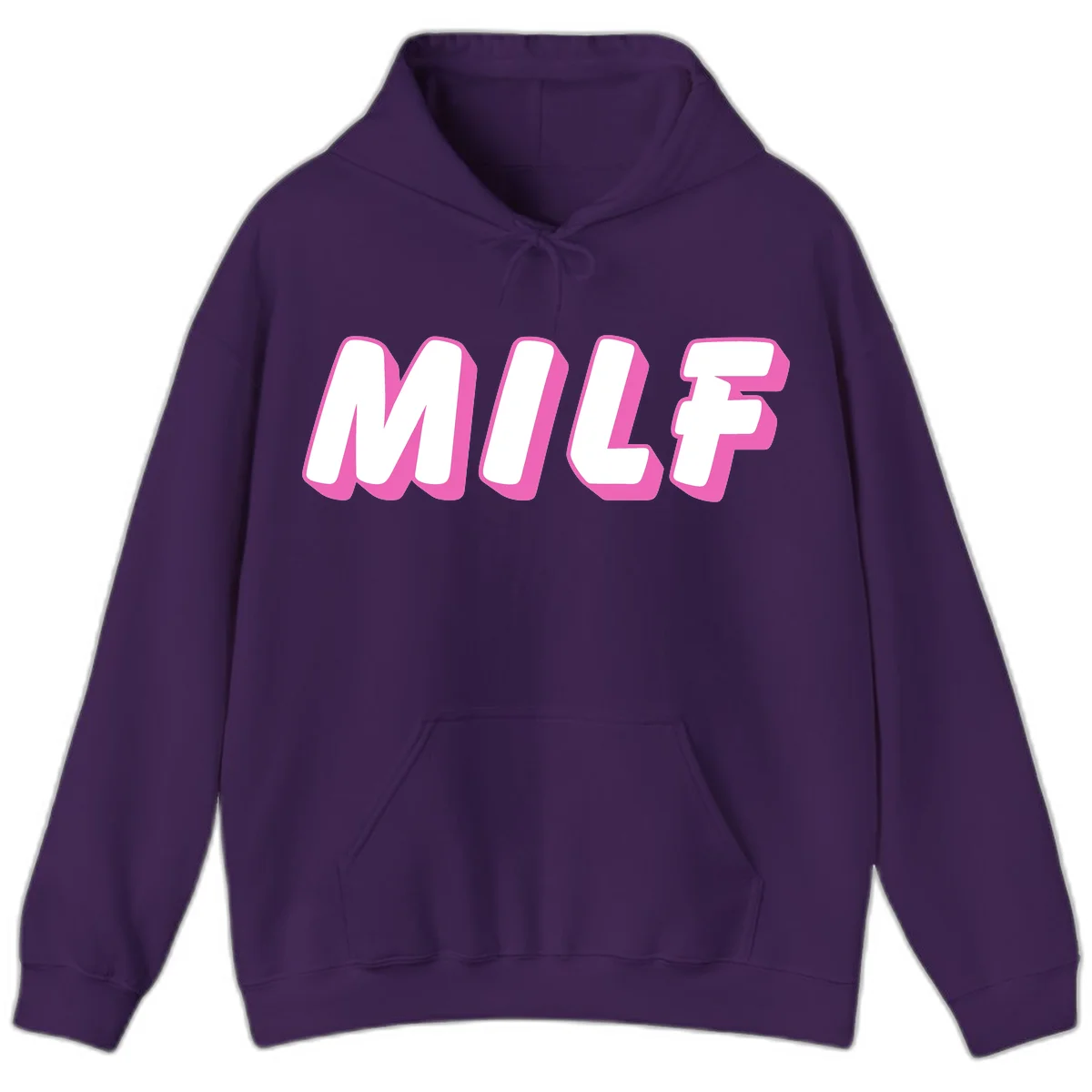Bold white block letters spelling MILF with pink 3D shadow effect on gray background in Purple