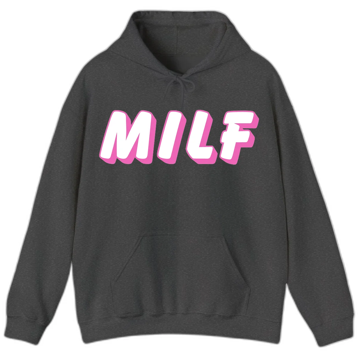 Bold white block letters spelling MILF with pink 3D shadow effect on gray background in Dark Heather