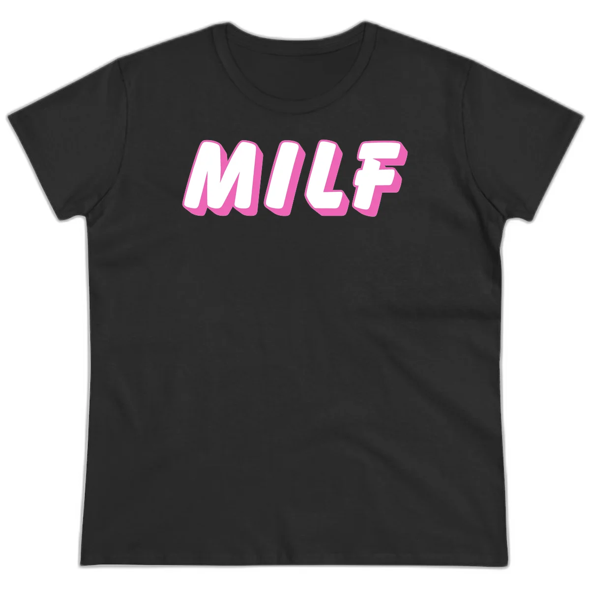 Bold white block letters spelling MILF with pink 3D shadow effect on gray background in Black