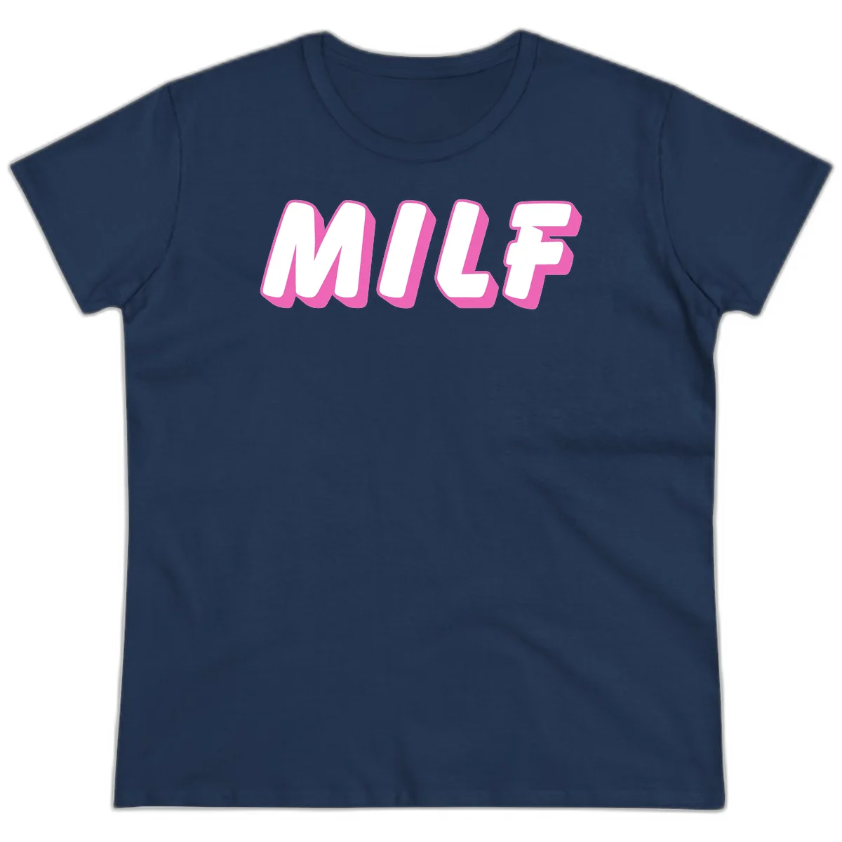 Bold white block letters spelling MILF with pink 3D shadow effect on gray background in Navy