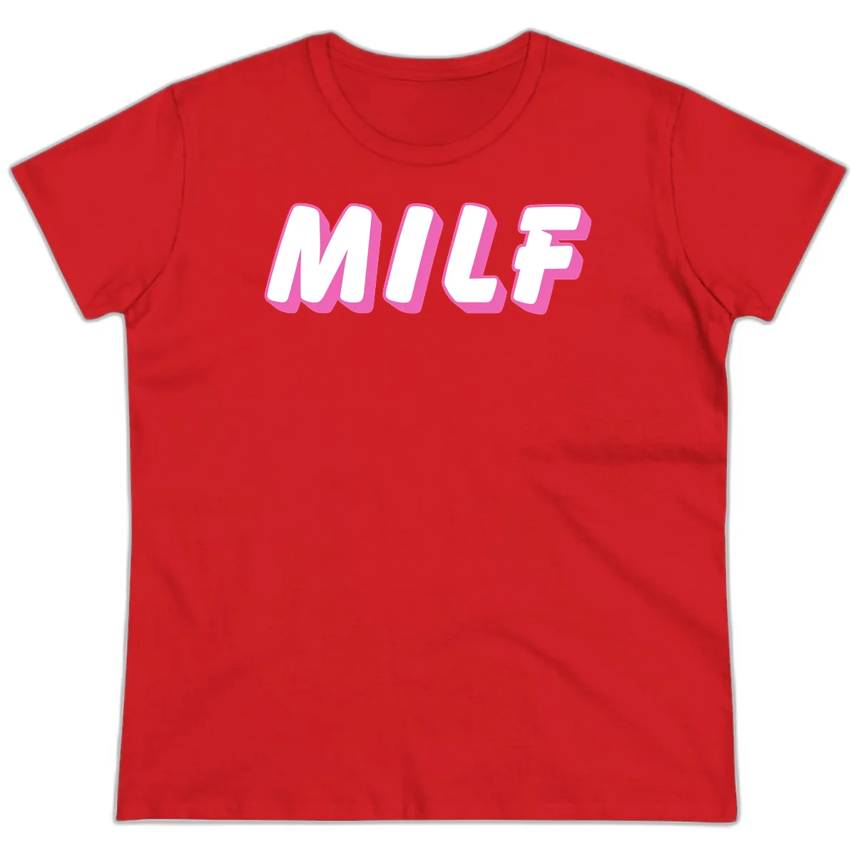 Bold white block letters spelling MILF with pink 3D shadow effect on gray background in Red