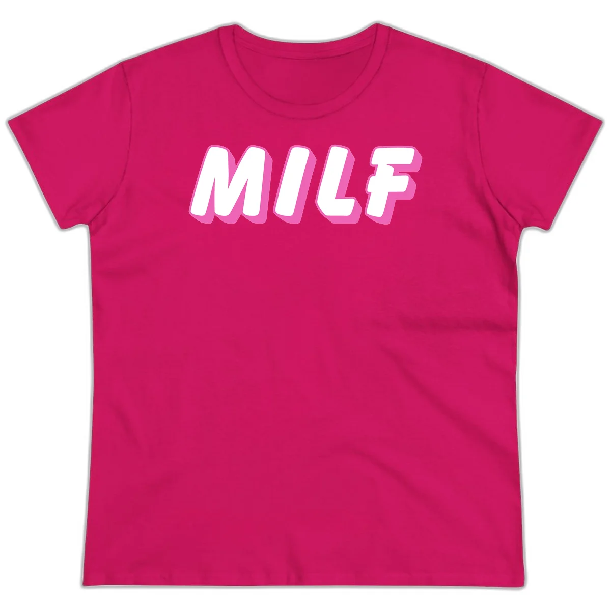 Bold white block letters spelling MILF with pink 3D shadow effect on gray background in Heliconia