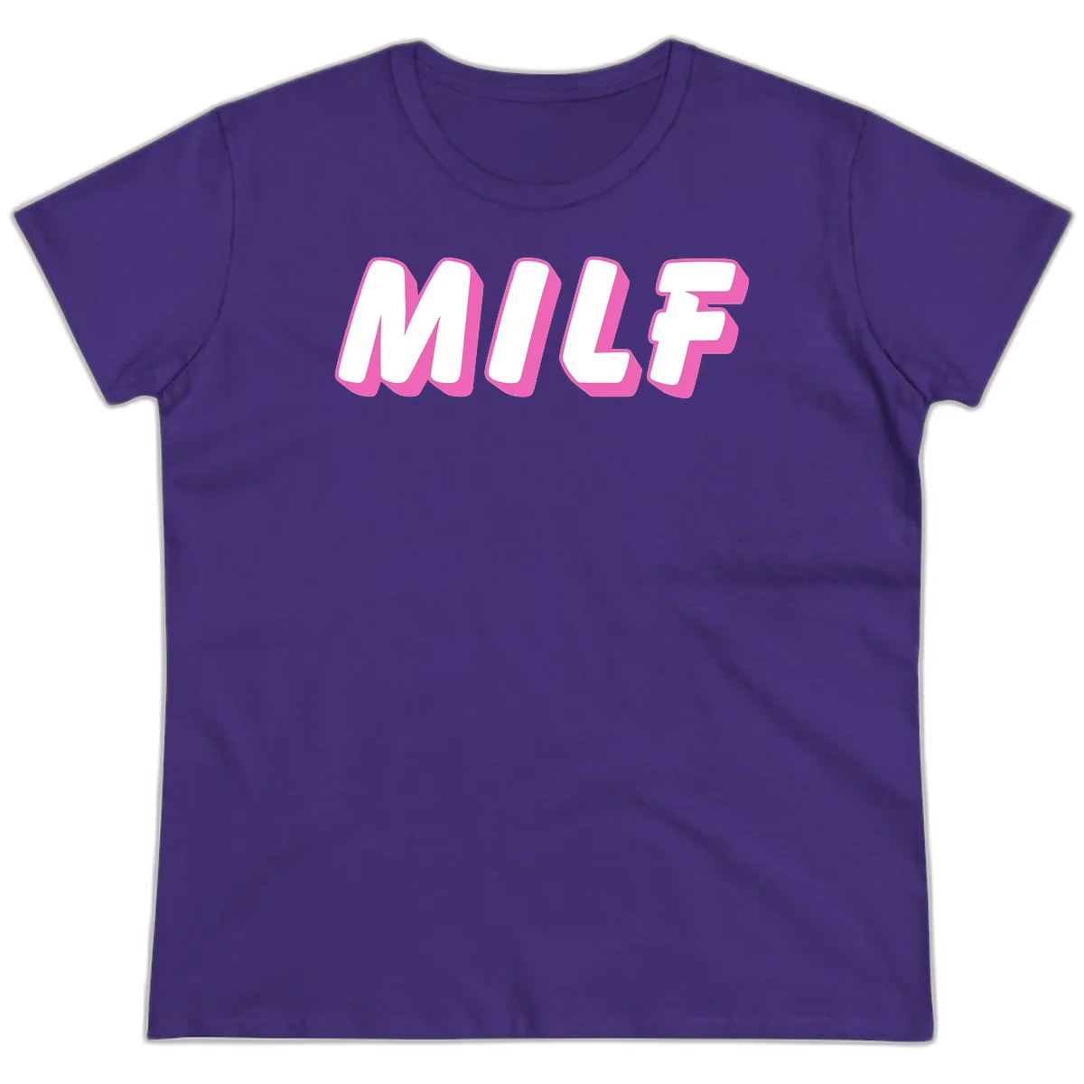 Bold white block letters spelling MILF with pink 3D shadow effect on gray background in Purple